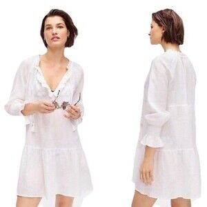 J. Crew Dress Gauze L/S Large White Cotton Voile Tunic Cover Up V-Neck Ties NWT